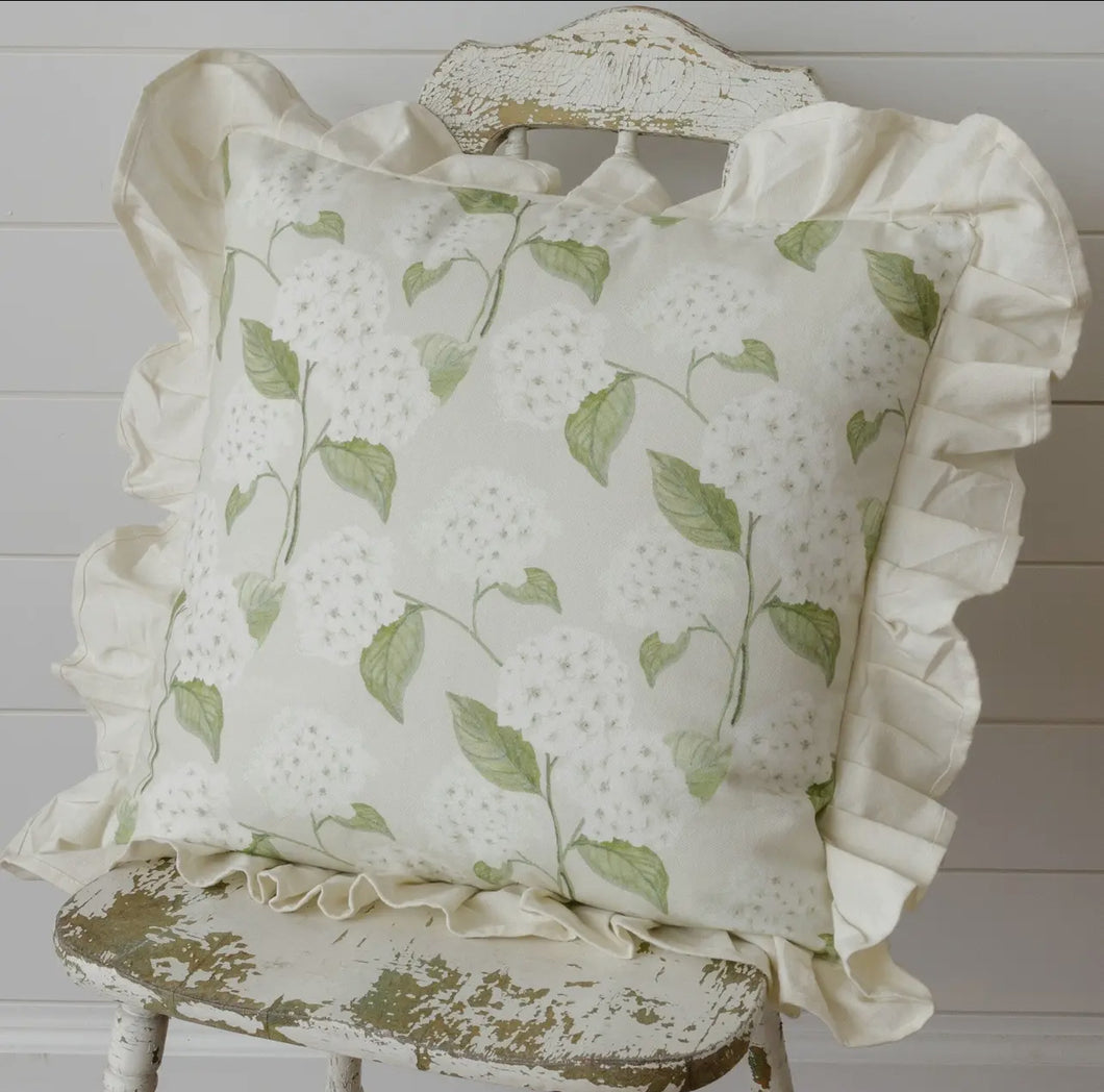 Reversible Pillow - White Hydrangea With Ruffle